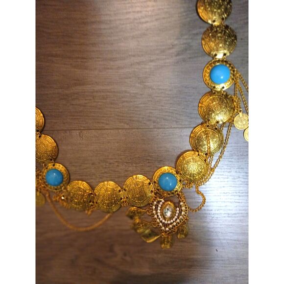 Bohemian Gold Tone Coin Belt 35" with Turquoise Accents Belly Dance Costume - Picture 2 of 4